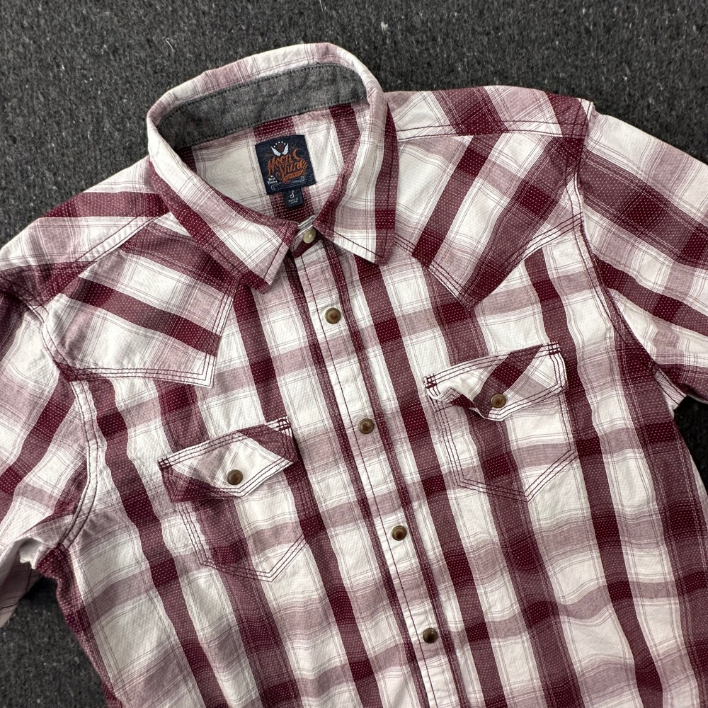 Moonshine Spirit Western Shirt Mens Small Burgundy Plaid Brad Paisley Pearl Snap